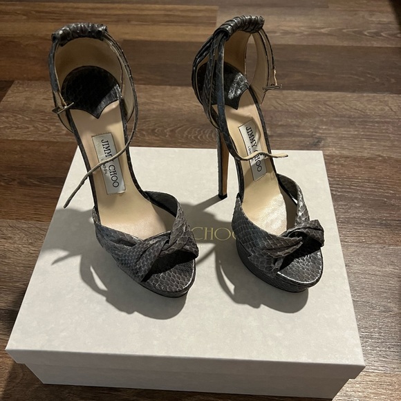 Gray Greta Snakeskin and Leather Ankle Strap Heels Pumps 37.5 - Picture 1 of 2